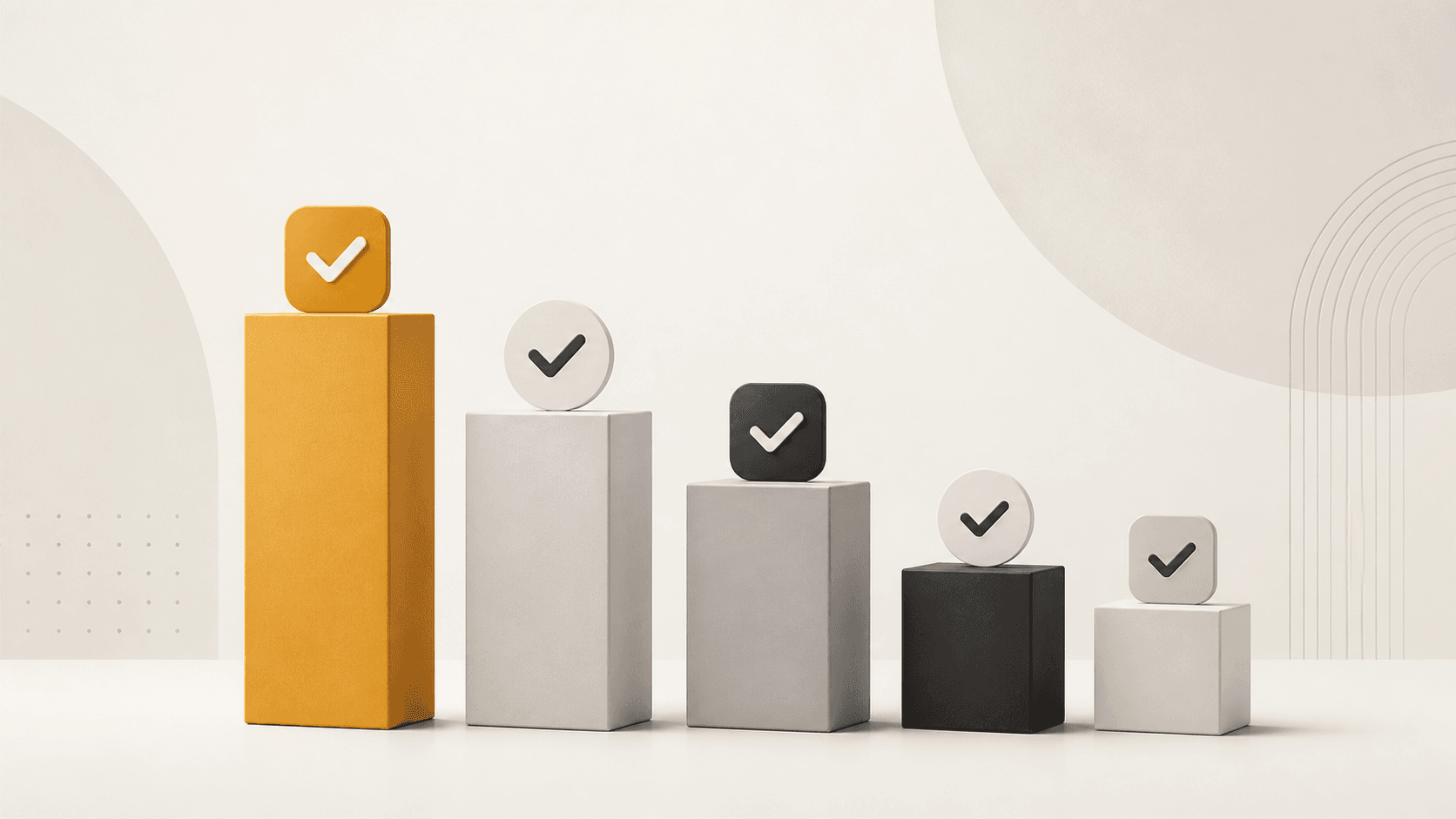 Five stepped blocks in descending height, the tallest in mustard yellow, each topped with a checkmark badge, against a soft off-white backdrop.