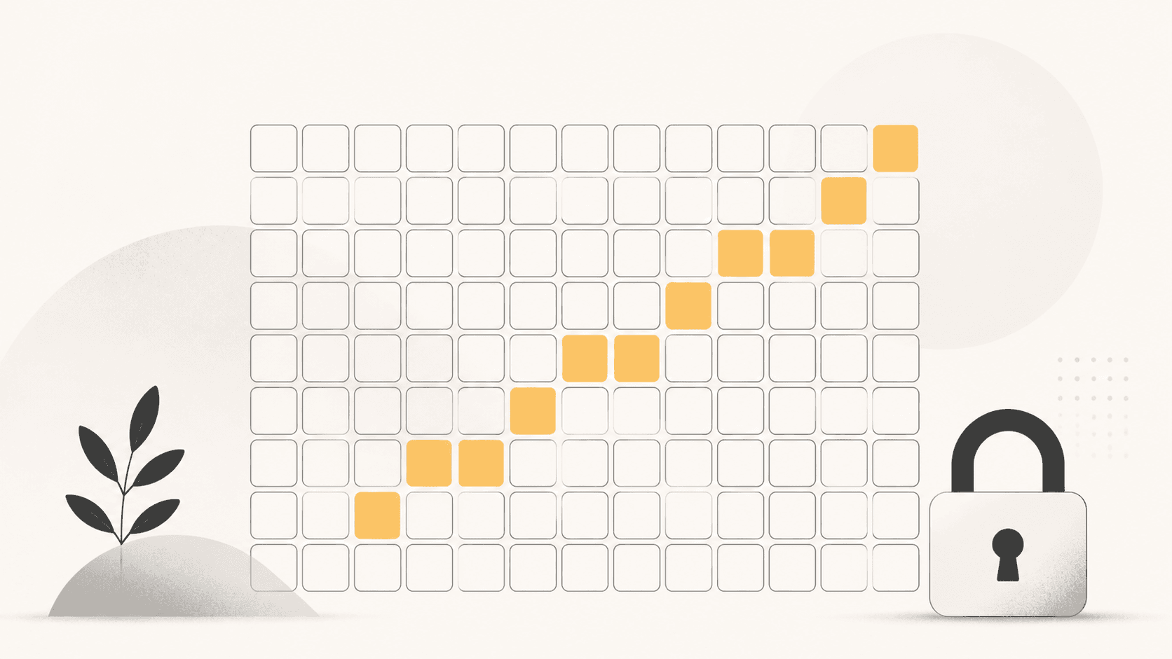 A grid of outlined squares with mustard squares forming a rising diagonal path, a small sapling on the left and a padlock on the right.