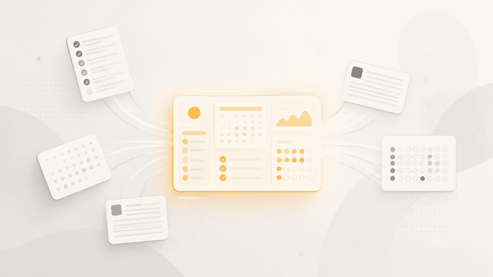 A glowing yellow dashboard panel at the center with a checklist, calendar, chart and dot grid, joined by soft streams of light to smaller cards around it.