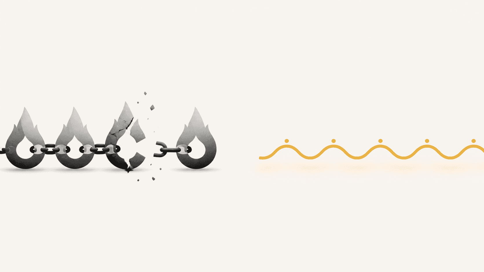 Grey flame shapes linked by a chain that breaks apart on the left, beside a calm mustard wave line with small dots on the right.